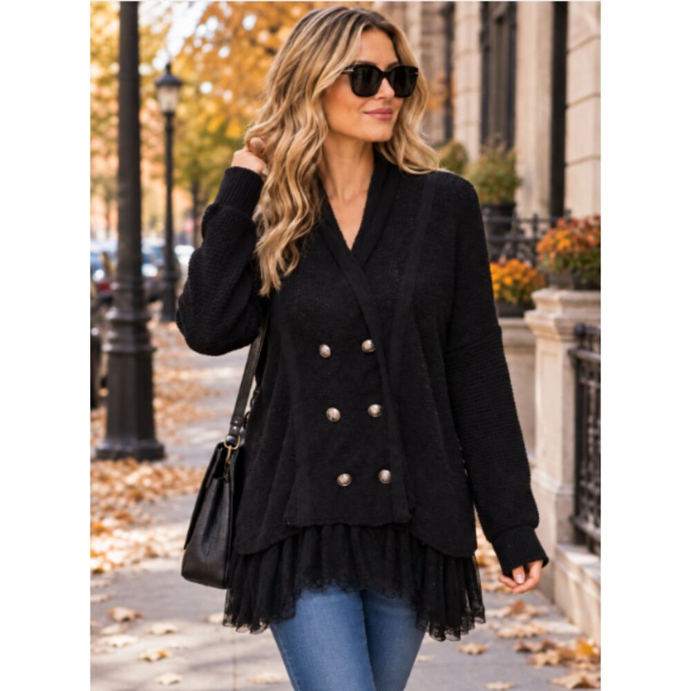 BKE Black Double Breasted Shawl Collar Lace Hem Cardigan Women's Large